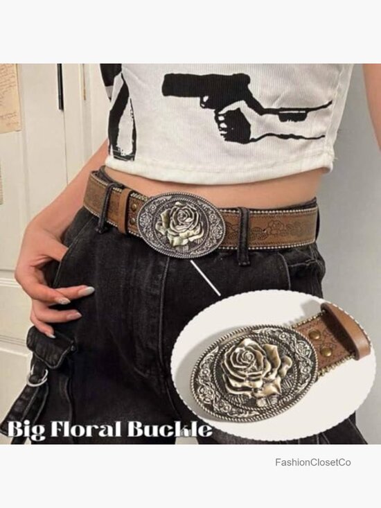 PU Leather Western Belt with Embossed Buckle for Jeans